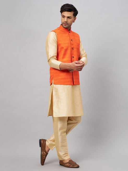 Vastramay Men's Orange Matka Silk Nehru Jacket With Gold Silk Blend Kurta and Pant style Pyjama Set